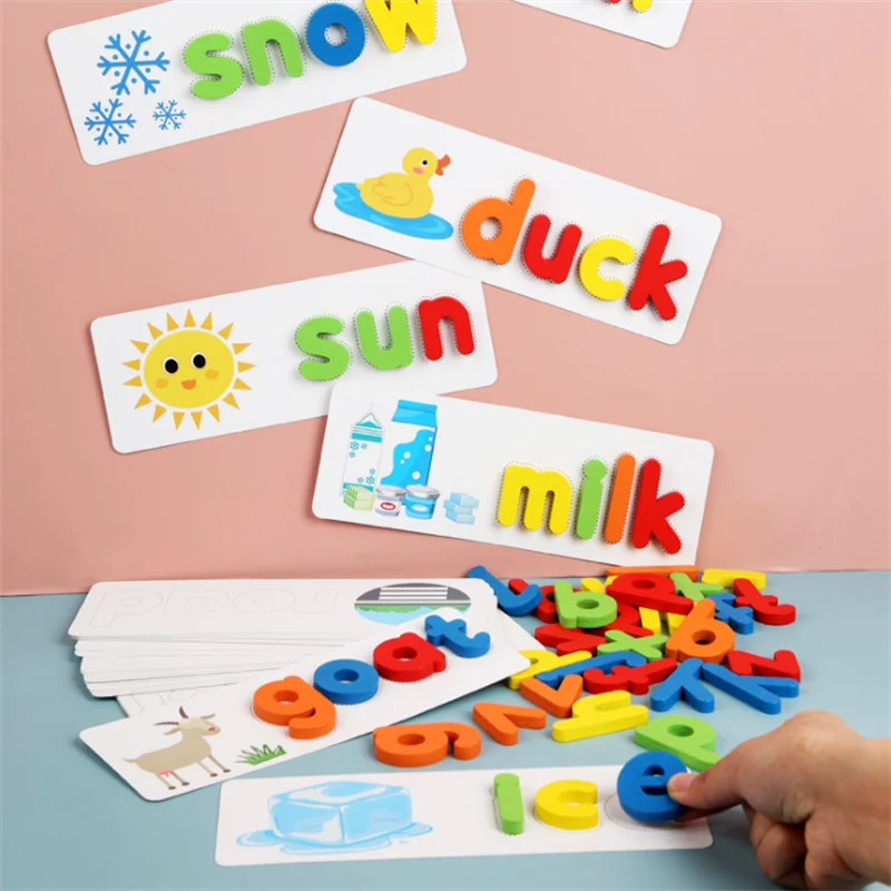 

Обучающие игрушки для правописания, развивающие слова, игра, Мультяшные подходящие буквы, головоломки, деревянные карты, блоки алфавита, шк...