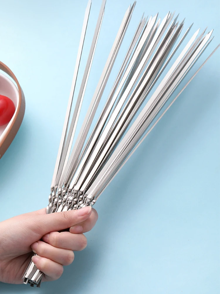 

50pcs Reusable Flat Stainless Steel Barbecue Skewers Bbq Needle Stick For Outdoor Camping Picnic Tools Kitchen Accessories