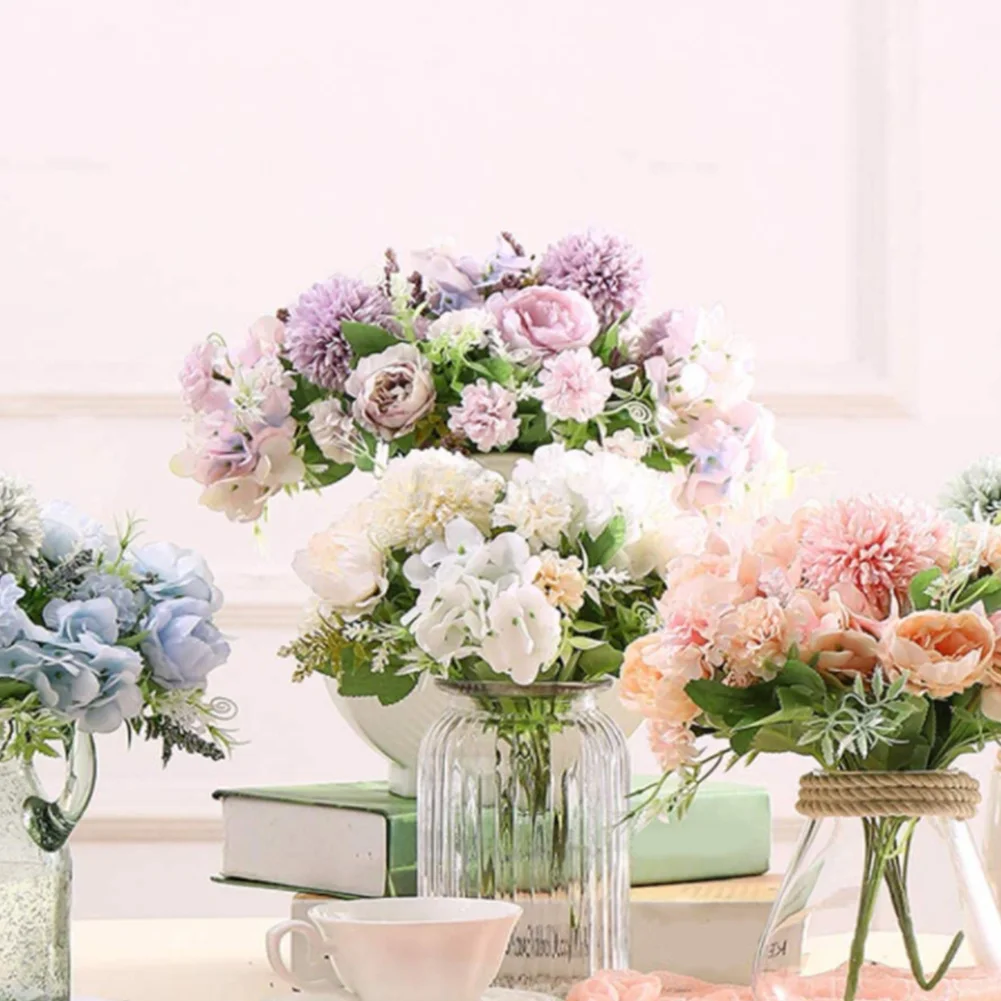 

2PCS Fake Flower Plastic Artificial Peony Hydrangea Carnations Bouquet Realistic Silk Flower Silk Home Wedding Decoration