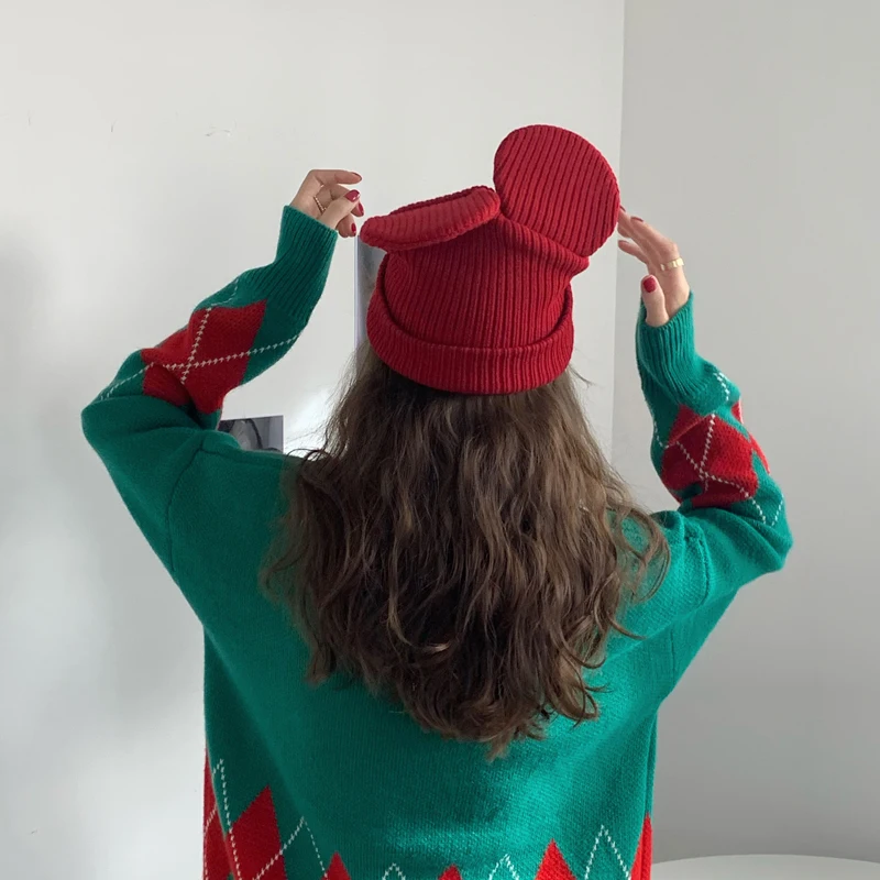 

Christmas checked sweater loose retro autumn and winter pullover red ugly pullover tops female