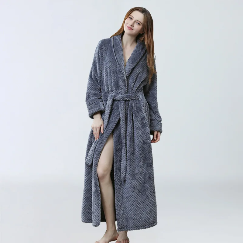 

2020 Women Thermal Luxury Flannel Extra Long Bath Robe Winter Sexy Grid Fur Bathrobe Warm Kimono Dressing Gown Bridesmaid Robes