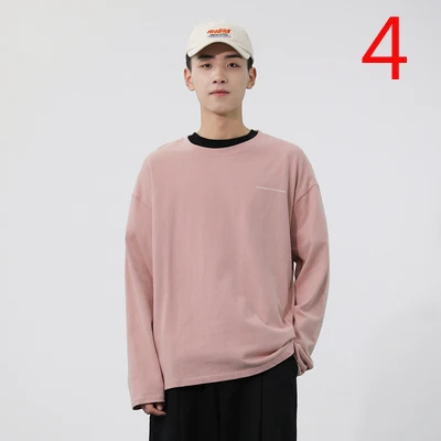 

2019 autumn small fresh letter printing solid color loose round neck T-shirt men's long sleeves