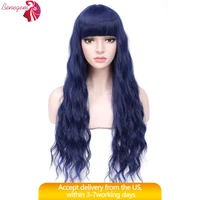 benegem 26 synthetic dark blue wavy wig with bangs long heat resistant cosplay party wig for women