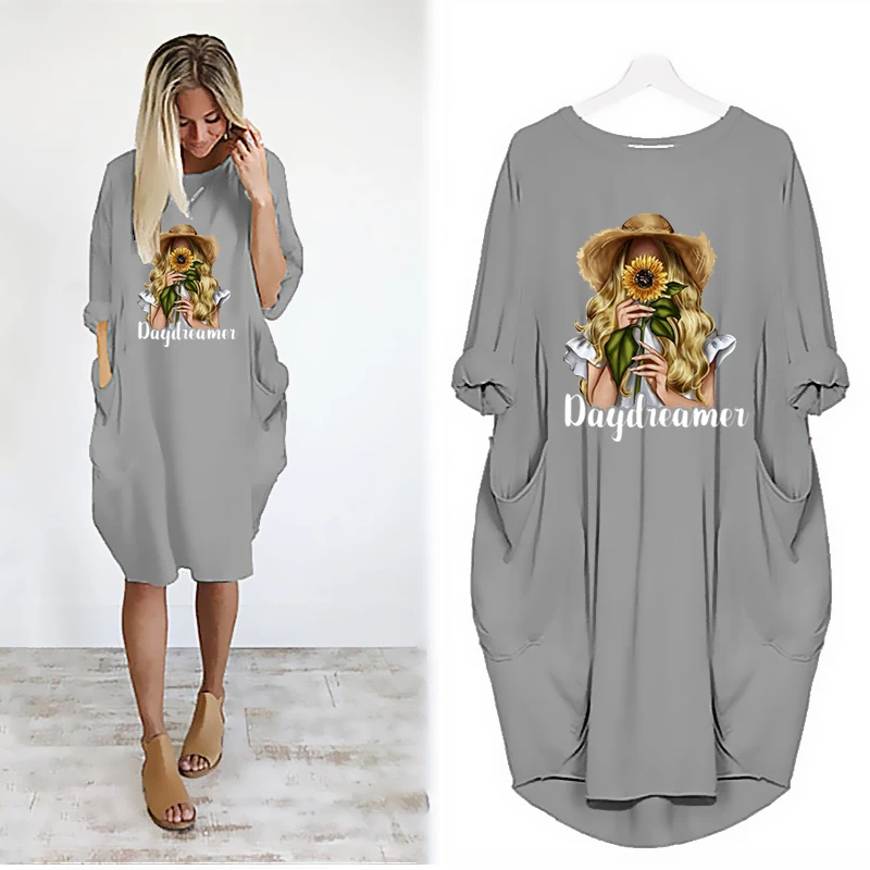 

Plus Size Women Dresses Sunflower Beauty Print Autumn Long Sleeve o Neck Vintage Party Club Midi Vestidos Robes Femme Streetwear
