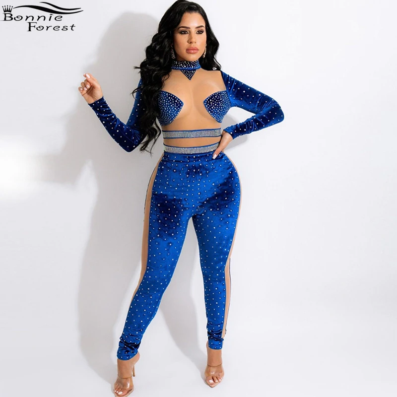 

Bonnie Forest Sparkle Rhinestone Studded Mesh Patchwork Jumspuits Glam Sheer Mesh Patchwork Sequins Jumpsuits Party Overalls