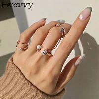 foxanry 925 stamp chain pearl rings for women couples new fashion creative design elegant birthday party jewelry gifts