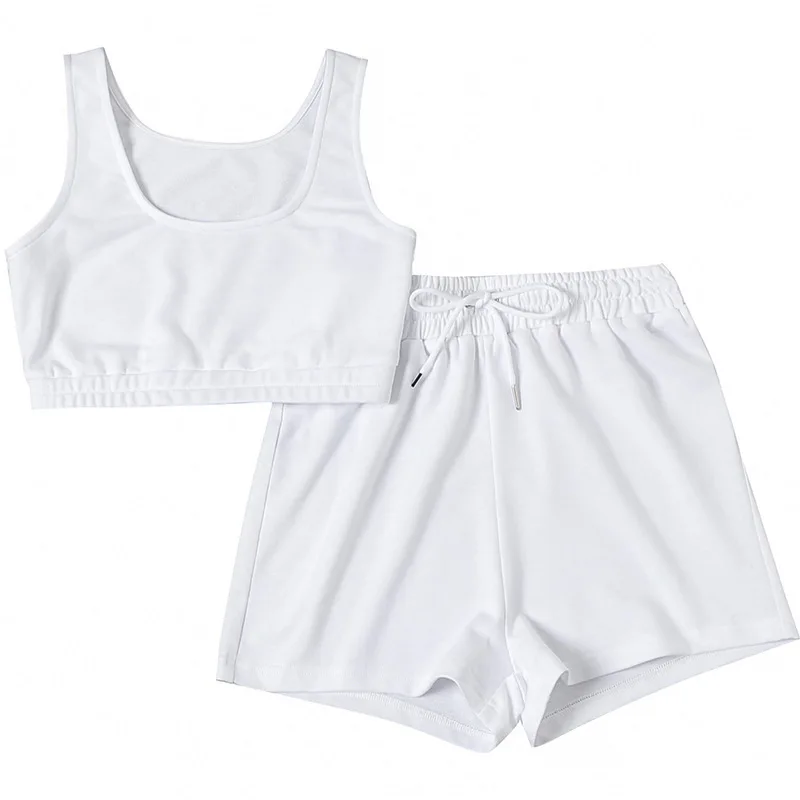 

Two-piece women's 2021 top and drawstring shorts matching suit summer sports suit casual solid sportswear
