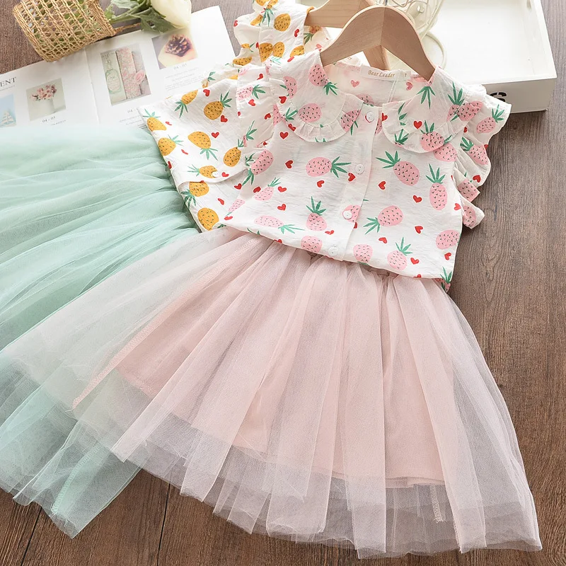 

Children's Summer Two Piece Set 2021 Girls' Korean Girls' Short Sleeve Pineapple Top Foreign Style Fluffy Mesh Skirt Fashion