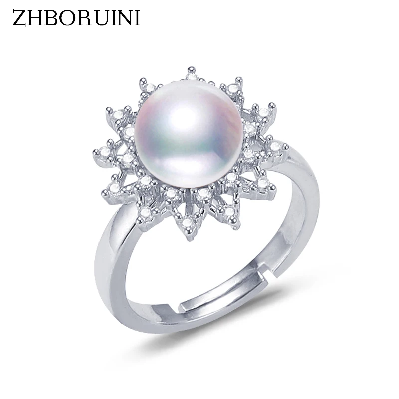 

ZHBORUINI 2021 New Pearl Ring Silver Color AAAA Zircon 100% Real Natural Pearl Flower Ring Female Party Wedding Jewelry Gift