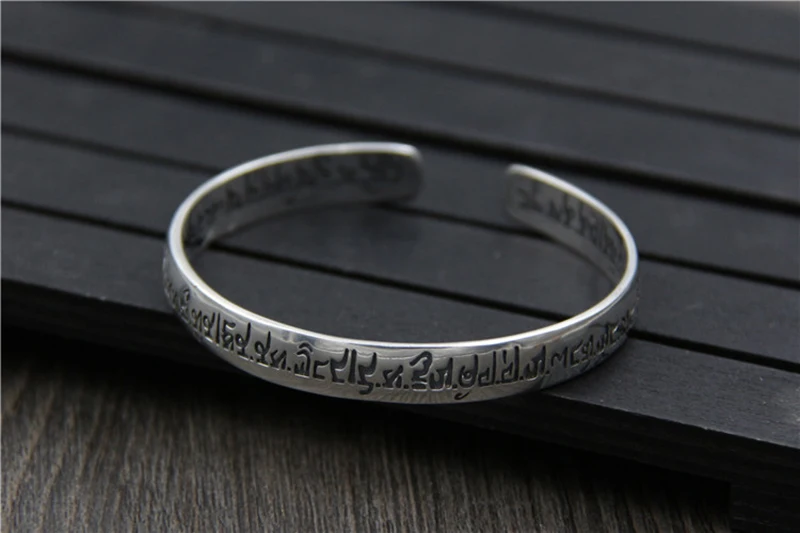 925 Sterling Silver Sanskrit Six-character Word Open Bracelet Fashion Buddhist Text Bracelet Classic Retro Men and Women Models