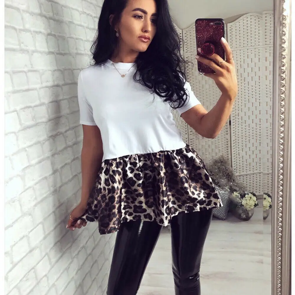 

Women Summer Leopard Short Sleeve Crew-Neck Shirt Ladies Casual Tee Top Blouse