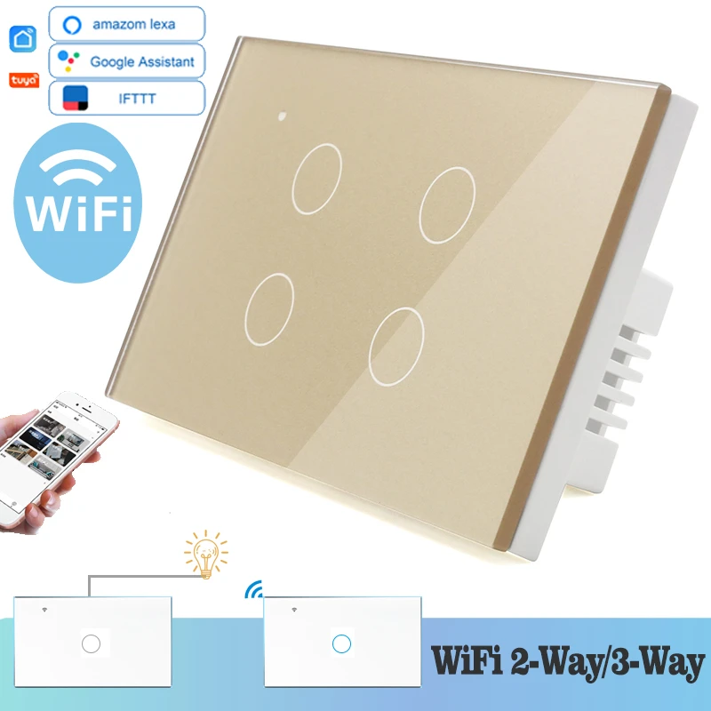 WIFI сенсорный светильник настенный выключатель Золотое стекло синий светодиод