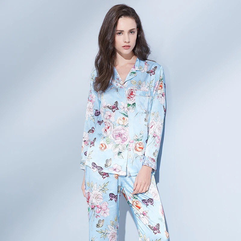 100% Real Silk Pajamas for Women Pink Print Sleepwear Ladies Flower Full-Sleeves Pijamas Nightwear Satin Silk Pyjama Nighties