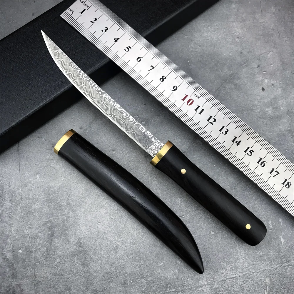

Damascus Steel Boning Fish Knife Ebony Handle Fixed Blade Utility Knife Outdoor Hiking Camping outdoor Gift Leather Sheath & Box