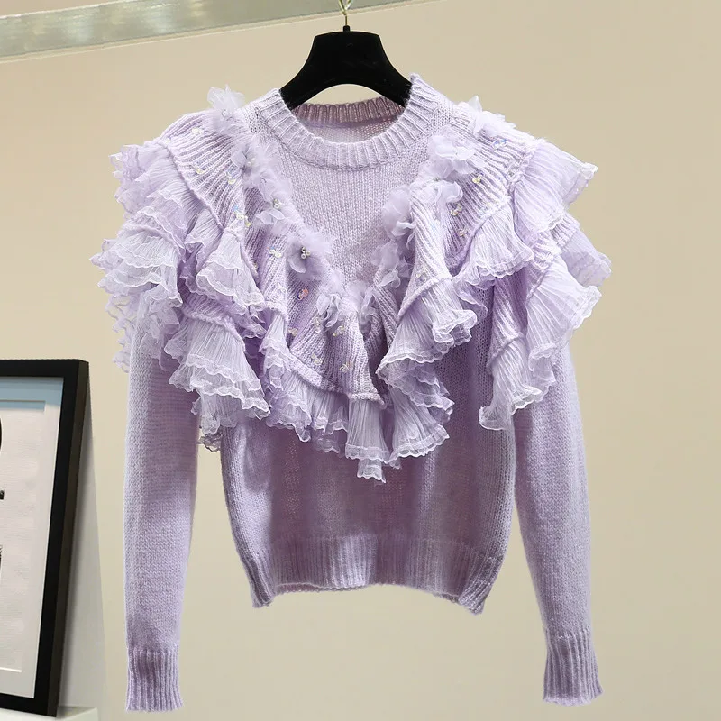 

2020 Mesh Stitching Sequin Three-Dimensional Flower Sweater Female Loose Beads Diamond Ruffled Lady Chic Knit Top