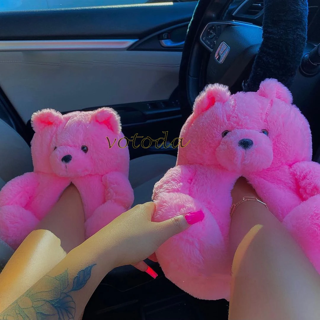 Teddy Bear Slippers Women Cute Cartoon Slides Furry Warm Soft Shoes Home Non-slip Cotton Flip Flops Rainbow Teddies Bear Slipper best house slippers