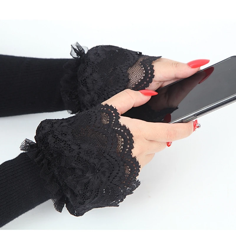 

Ribbed Knit Black Arm Warmers Sleeve Double Layer Ruffles Lace Fingerless Gloves X5XA