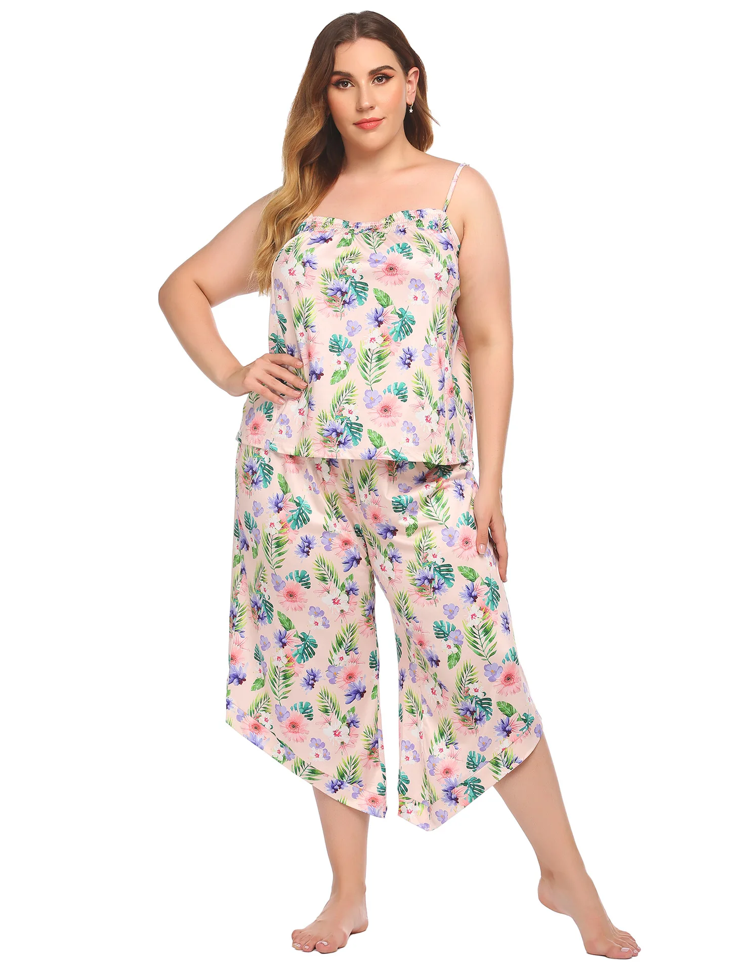 

2PCS Pink Print Female Pajamas Sets Sexy Strap Top Sling Nightgown Sleeveless Lady Vest Summer Lingerie Nightwear Home Sleepwear