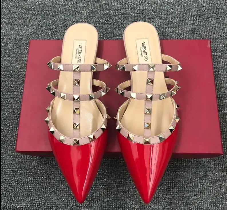 v brand shoes women flat slipper black nude patent leather real sandals with rivets 34-43 red box | Обувь