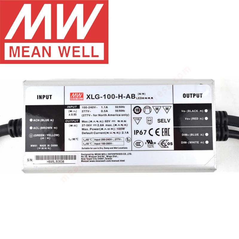 

Mean Well XLG-100-H-AB IP67 Metal Case 3 in 1 dimming LED lighting meanwell 1750-2780mA/27-56V/100W LED Driver