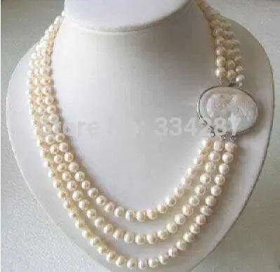 Genuine 3 Rows 7-8MM Freshwater pearl Necklace Cameo Clasp