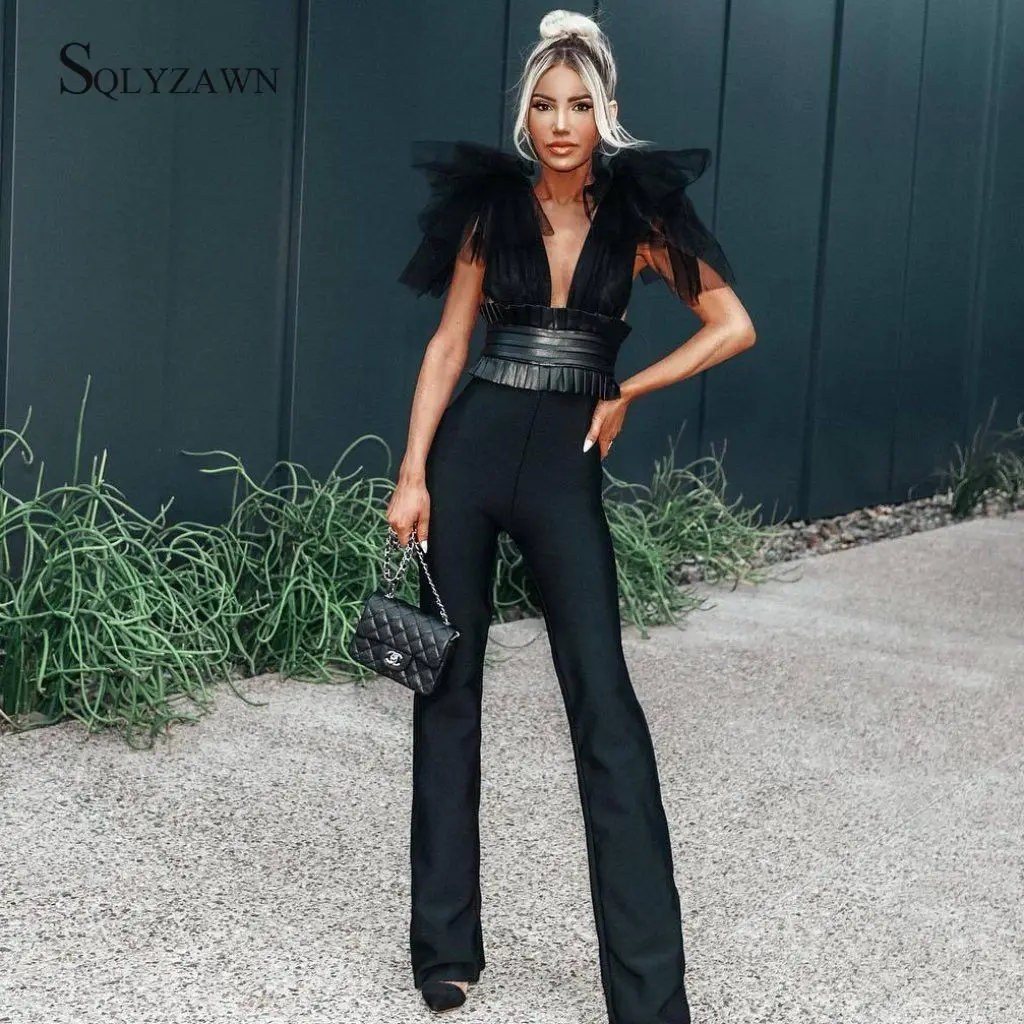 Женские Элегантные белые вечерние комбинезоны с v образным вырезом облегающий