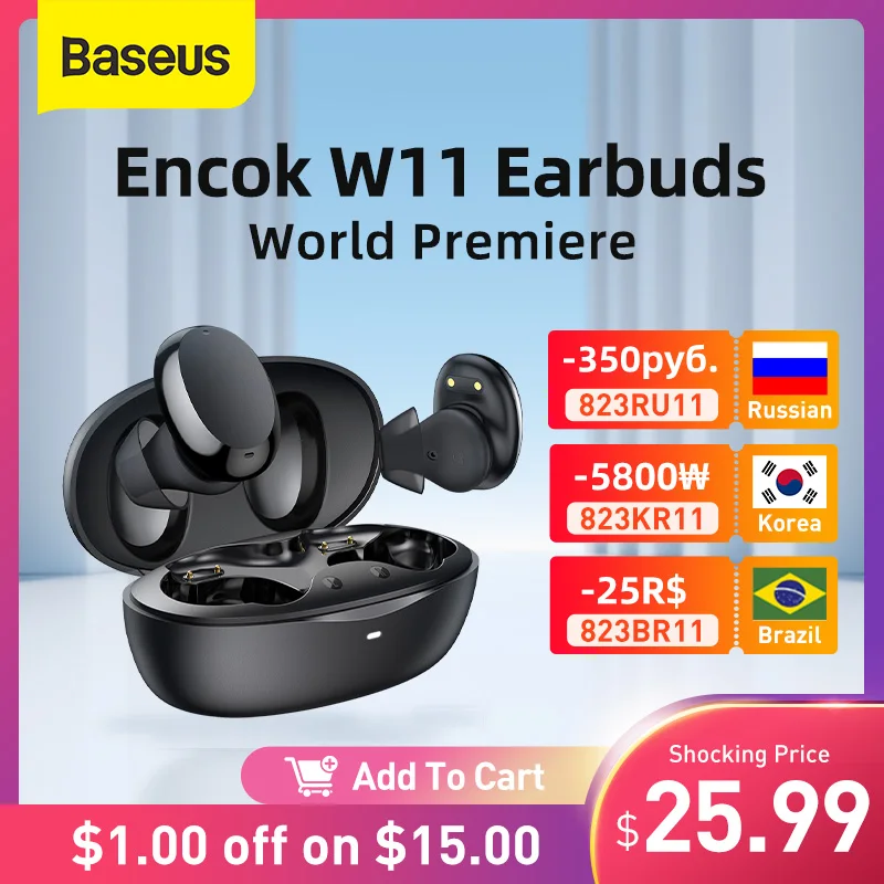 Bluetooth наушники Baseus W11 TWS беспроводные водонепроницаемые с поддержкой