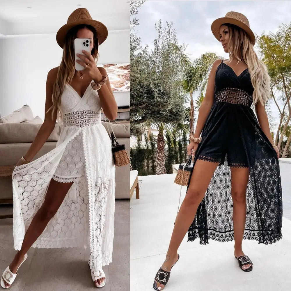 

Casual Sexy Women's Sling Solid Color Stitching One-Piece Home Holiday Hollow Straight Black and White One-Piece Shorts