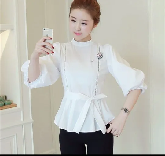 Женская Новинка 2017 модная блузка с воротником стойкой полосатая блуза коротким