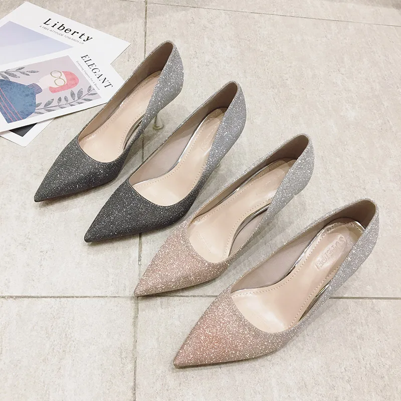 

New women's fashion high heels stiletto shallow mouth night market professional fashion sequined women's single shoes 7.5CM