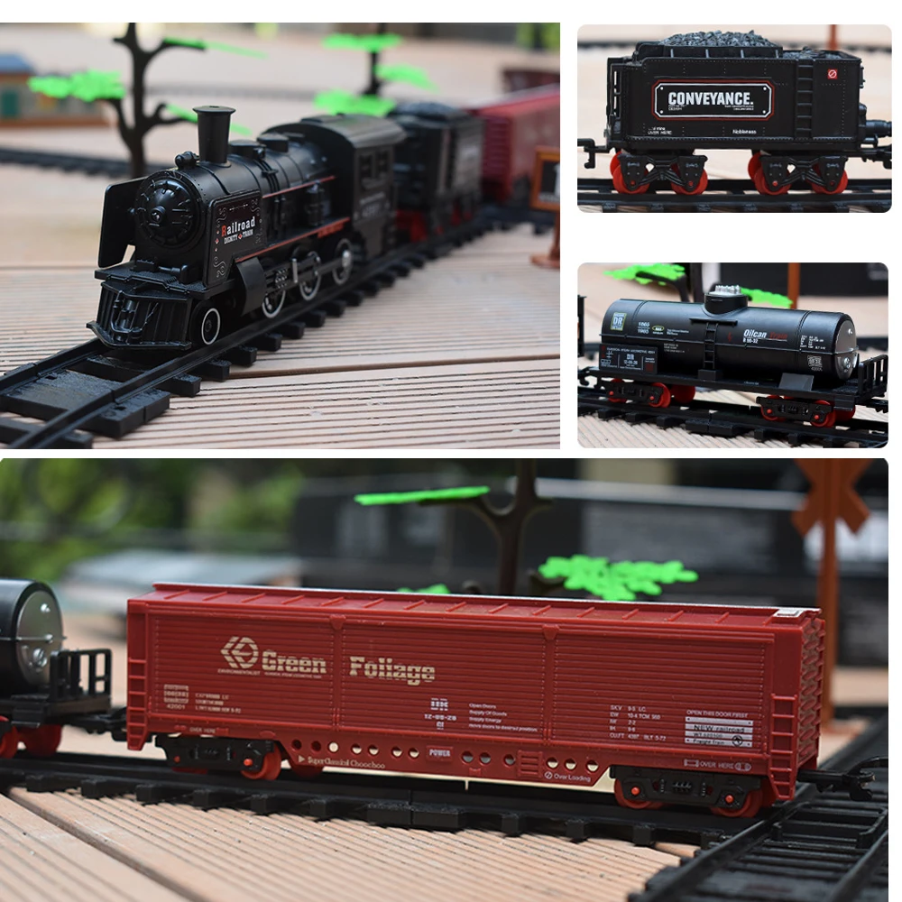 Conjunto de tren de carga cl&aacute;sico para pasajeros, locomotora de vapor de agua, con simulaci&oacute;n de humo, juguete de Tren El&eacute;ctrico-3