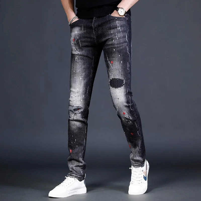 2022 Summer Black Ripped Patch Jeans Men Streetwear Dots Printed Pencil Pants Fashion Casual Slim Fit Denim Trousers