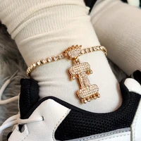 flatfoosie luxury rhinestone crown initial letter anklet for women bling crystal tennis chain ankle bracelet on leg foot jewelry