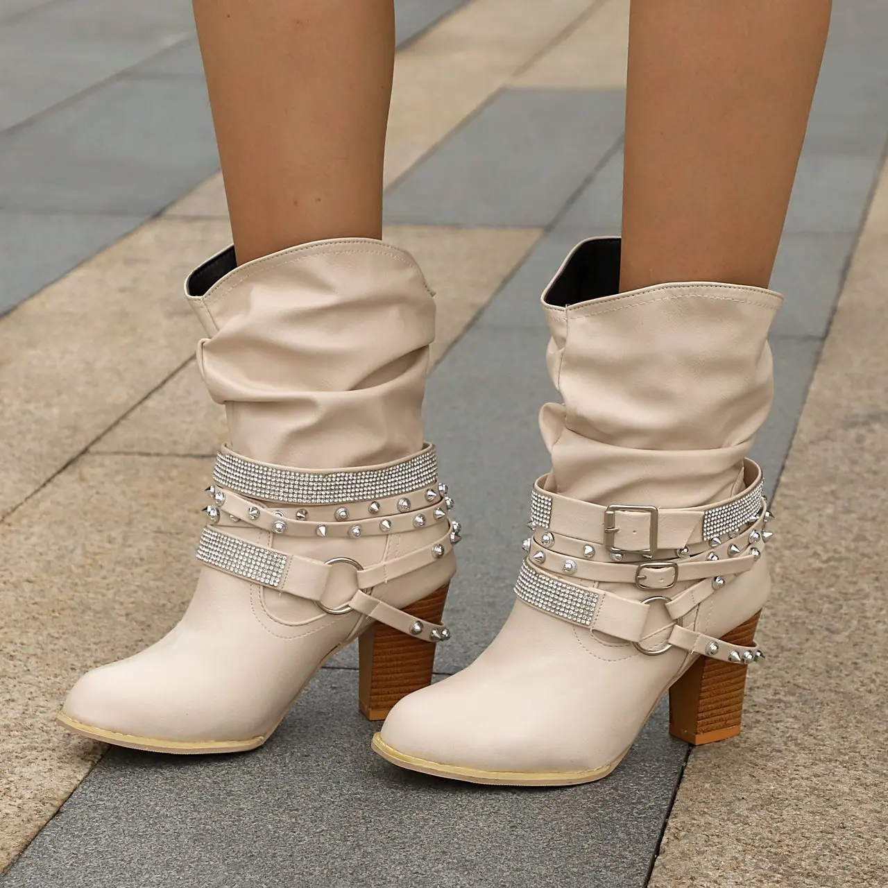 

2020 Winter Women's Boots Fashion Put-on High Heel Ankle Boots Pointed Toe Square-Heel Buckle Womens PU Boots