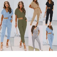 women two piece set self tie twist knot outfits zipper crop top hoodie and harem pants yoga suit tracksuit clothes