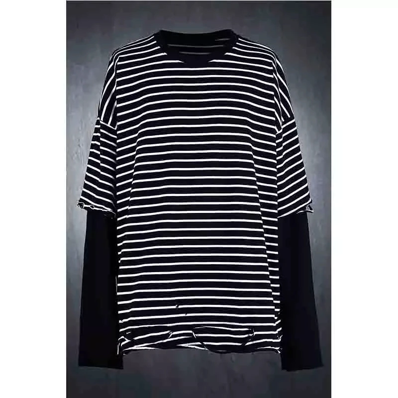 

Men's new style fake two pieces dilapidated loose fashion long sleeve T-shirt beggar's clothes high street street hip hop person