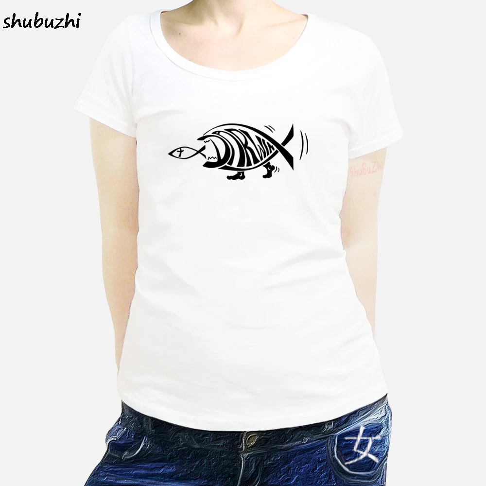 Женская футболка с забавным рисунком Дарвина рыбы ест Иисуса (доступно для женщин) мультяшная женская новая