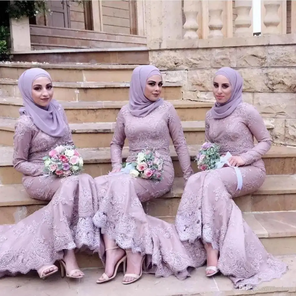 Лавандовые мусульманские платья подружек невесты 2020 Длинные рукава полный