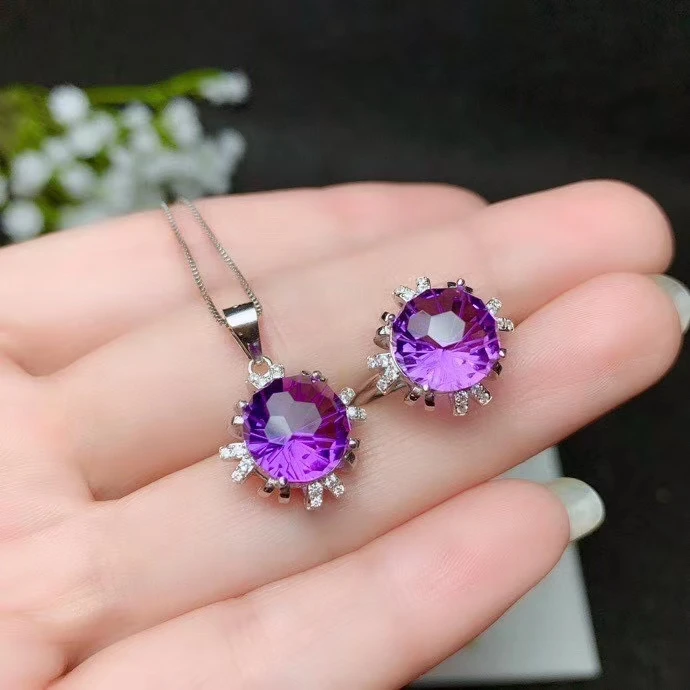 

2020 NEW FASHION AMETHYST GEMSTONE RING AND NECKLACE FOR WOMEN JEWELRY SET REAL 925 SILVER NATURAL GEM 10X14MM SIZE BIRTHSTONE