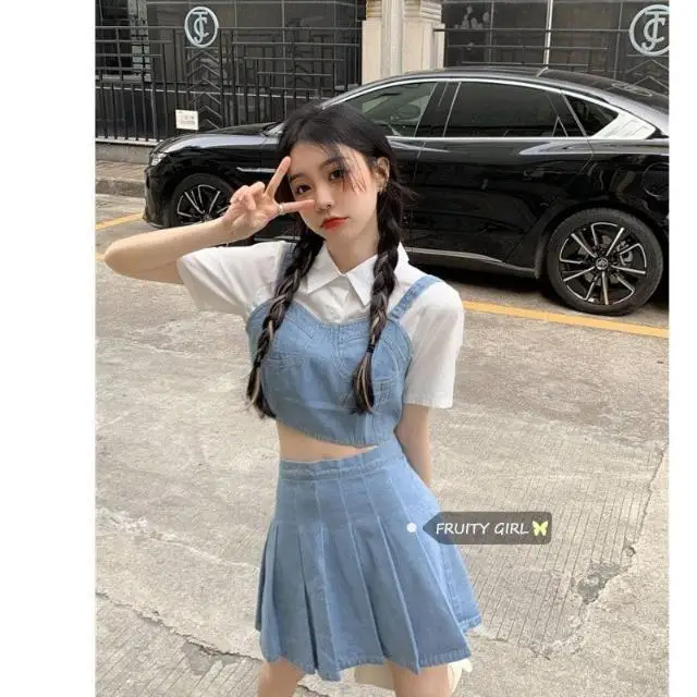 [Костюм-тройка] рубашка с коротким рукавом + джинсовая кофта облегающая