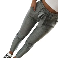 women fashion plaid pleated high waist skinny pencil pants trousers with sash