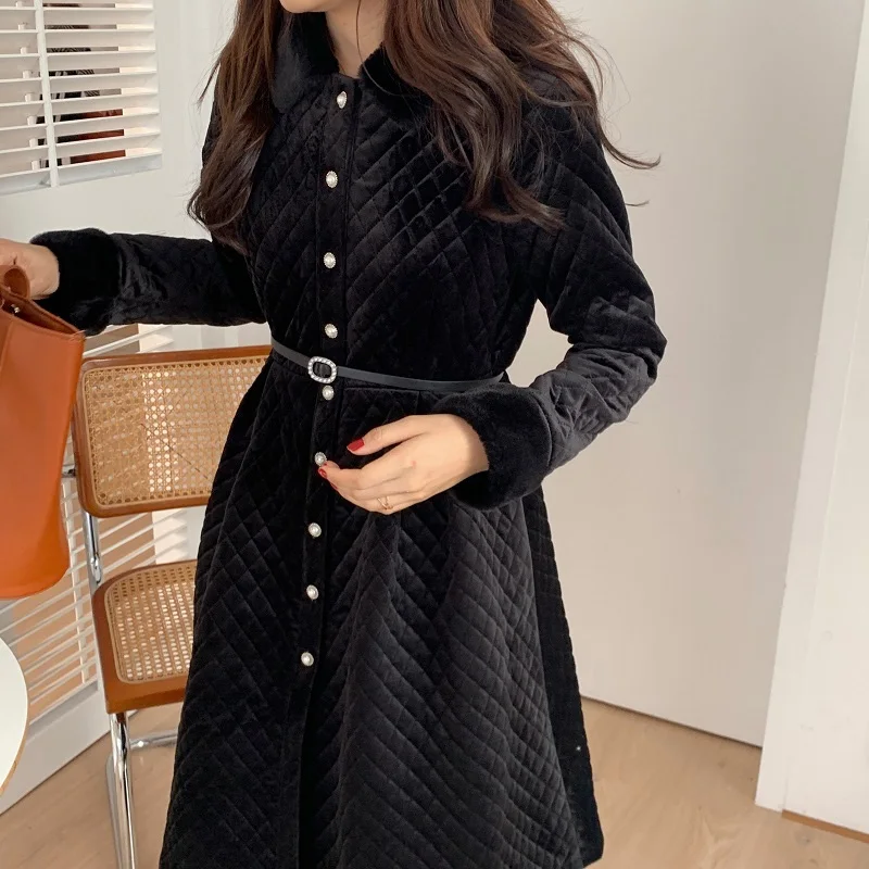 Winter Warm Long Women Jacket Coat Fur Collar Rhombus French Elegant Coat Black Single-breasted Lace-up Waist Jacket