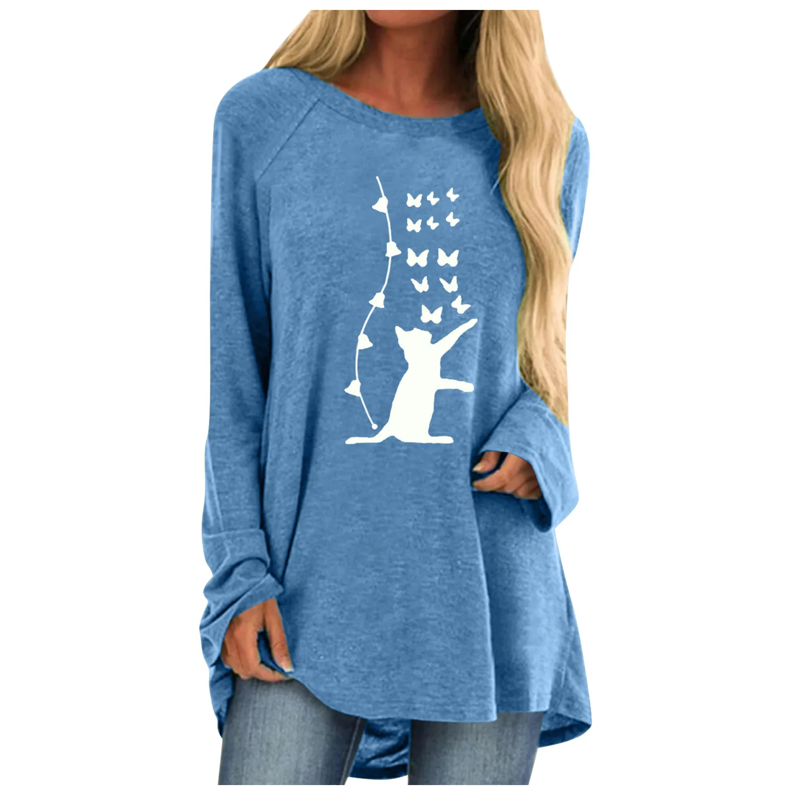 

Fashion Ladies Casual Loose O Neck Cat Printed Long Sleeve T-Shirt Top for women summer женские ђболки ђболка