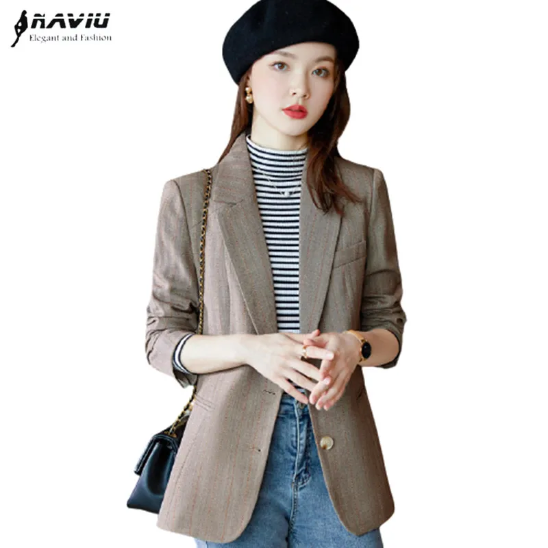 

Gray Stripes Blazer Women Autumn New High End Professional Temperament Fashion Casual Formal Jacket Office Ladies Work Wear