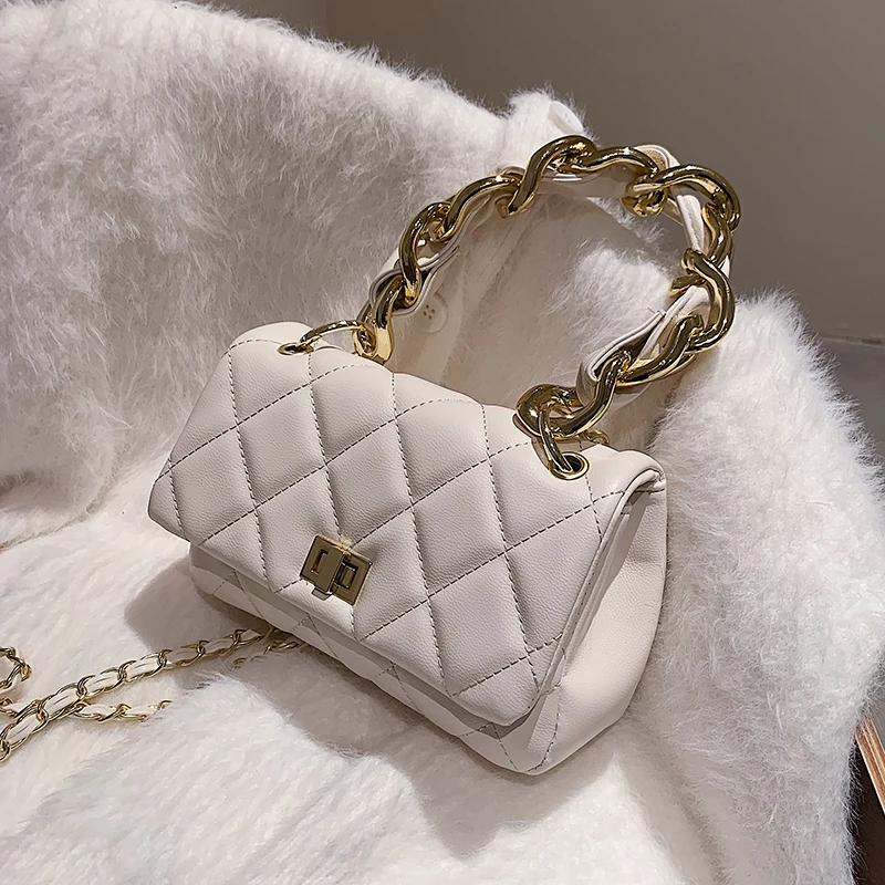 

Thick Chain Handle Quilted Solid Color Small PU Leather Crossbody Shoulder Bag 2021 Winter Fashion Travel Handbags