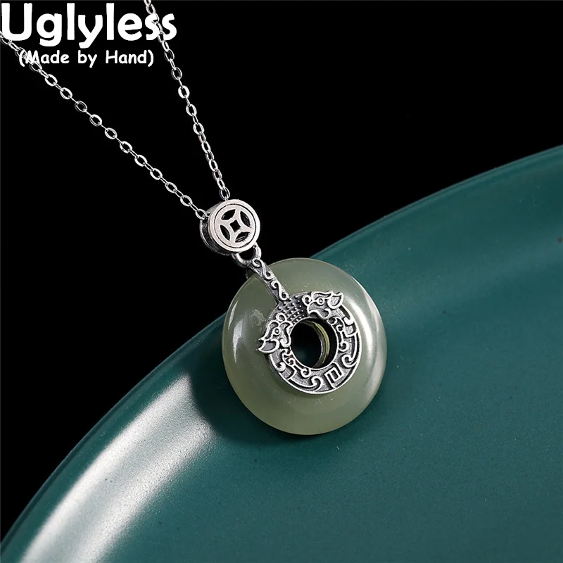 

Uglyless Thai Silver Vintage Ethnic Jewelry for Women Natural Jade Circles Pendants Necklaces NO Chains 925 Silver Peace Buttons