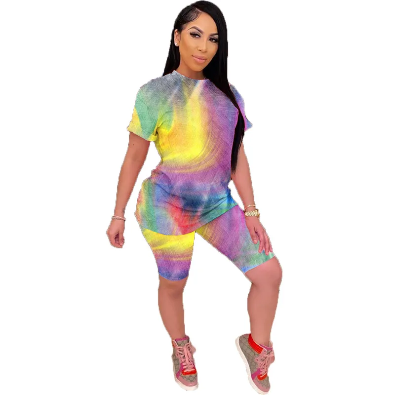 Модный и повседневный Радужный костюм с галстуком-краской Женский бандажный из