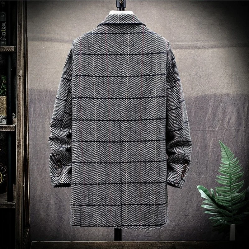 Тренчкот мужской в полоску Модное теплое однобортное пальто средней длины