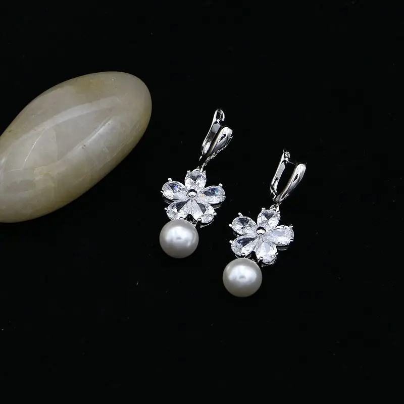 Белый Циркон с жемчужными бусинами Ювелирные наборы для женщин Свадебные серьги