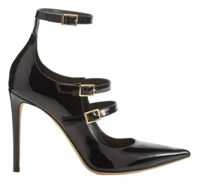 

BONJEAN Super High Thin Heels Woman Shoes Pointed Toe Ankle Strap Party Dress Heels Sexy Black Patent Leather Woman Shoes